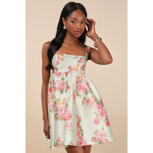 Lulus Unbelievably Lovely Sage Floral Babydoll Empire Waist Mini Dress Green